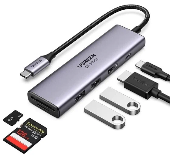 UGREEN 6 В 1 (ХАБ), 2 Х USB 3.0, HDMI, TF/SD, PD (60384)